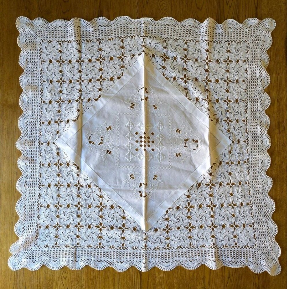 Small Cotton Crochet Lace Embroidered Tablecloth / Topper 32" x 32"